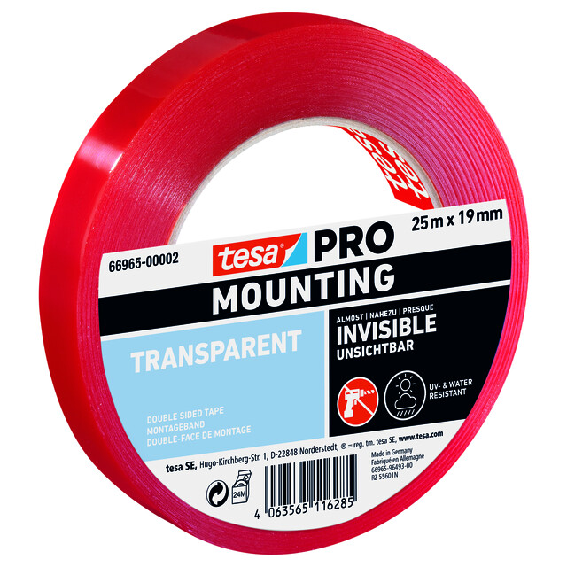 Produktbild föreställande artikeln MONTERINGSTEJP 66965 TESA PRO MOUNTING TRANSPARENT 25M 19MM från kategorin Maskeringstejp