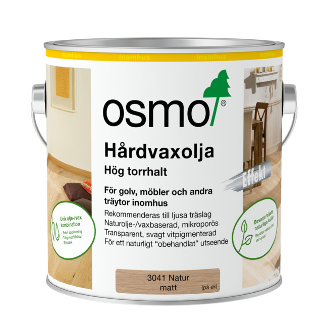 Plåthink med hårdvaxolja från Osmo, etikett med texten 3041 Natur matt, produktinformation och bilder av träytor.