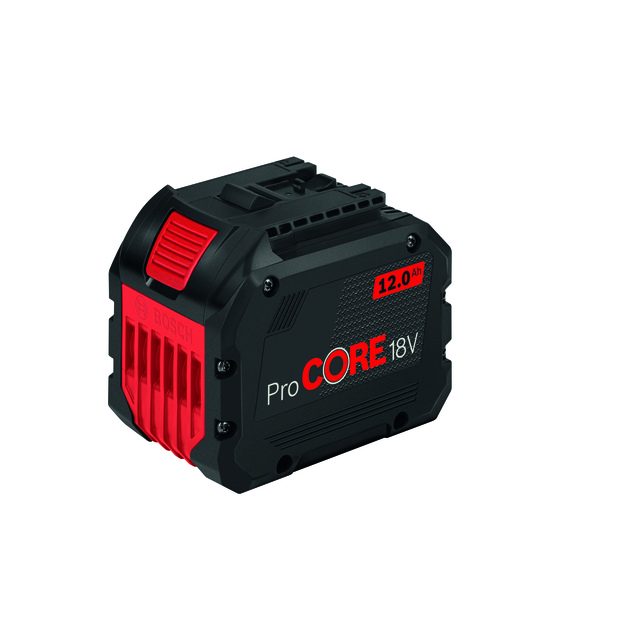 Uppladdningsbart batteri Bosch ProCORE 18V, 12.0 Ah, med röd och svart design.
