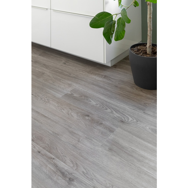 Grå laminatgolv bredvid en vit byrå och en krukväxt med gröna blad.
