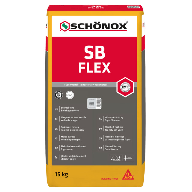 Förpackning av SCHÖNOX SB FLEX kakelfog, 15 kg, med text och logotyper.