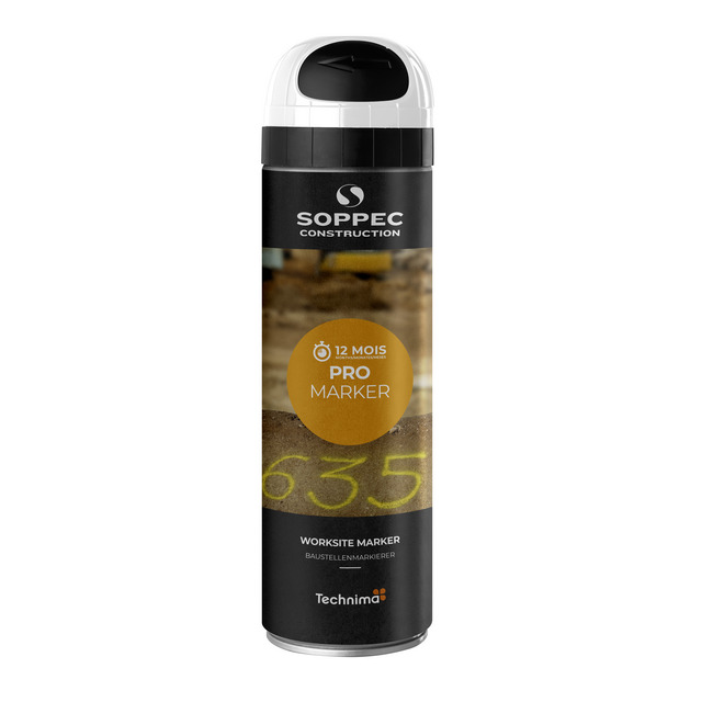 Sprejburk med texten Soppec Construction Pro Marker och en bild av gul text på marken.