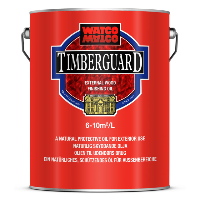 Röd burk med texten WATCO TIMBERGUARD och information om en skyddande olja för trä utomhus.