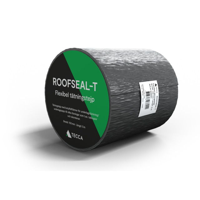 Rulle med grå taktejp ROOFSEAL-T och text på etiketten om produktens specifikationer.