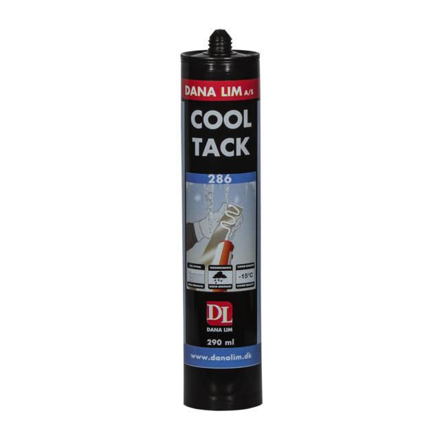 Svart tub med texten Dana Lim A/S Cool Tack 286, 290 ml.