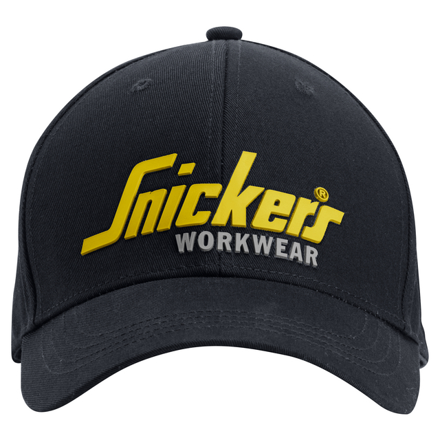 Svart keps med gul text Snickers och grå text WORKWEAR på framsidan.