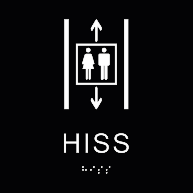 Svart skylt med symbol för hiss, visar två personer i en hiss med pilar upp och ner. Texten HISS och punktskrift nedanför.