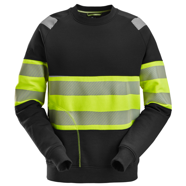 Svart och varselgul sweatshirt med reflekterande ränder och långa ärmar.