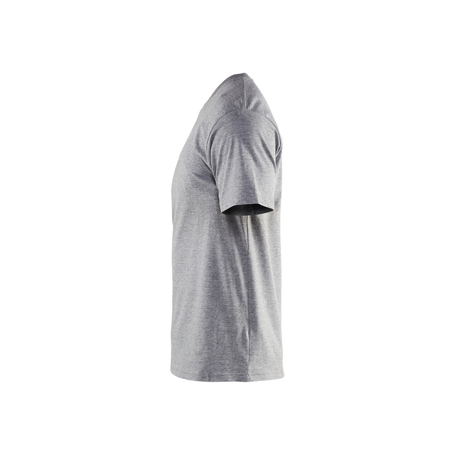Grå T-shirt sedd från sidan, med korta ärmar och enkel design.