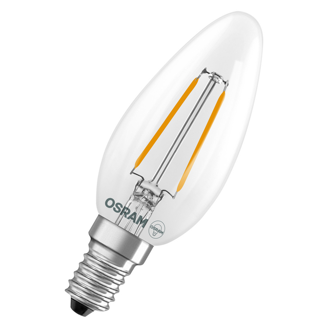 Klar glödlampa med synliga filament, texten OSRAM och E14-sockel.