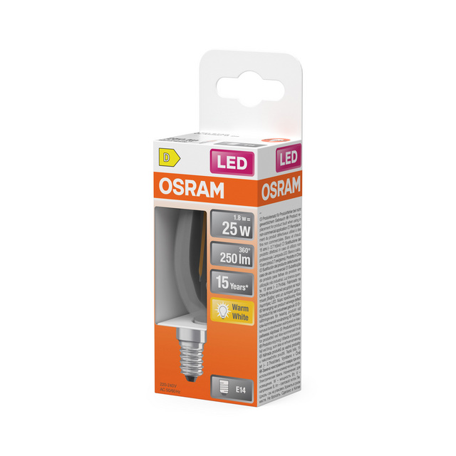 LEDLAMPA OSRAM STAR CLASSIC KRON 250LM 1.8W 827 KLAR E14 | Beijerbygg Byggmaterial
