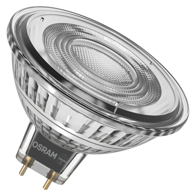 LED-lampa med metallbas och glasöverdel. Märkt OSRAM nedtill, med två stift för GU5.3-sockel.