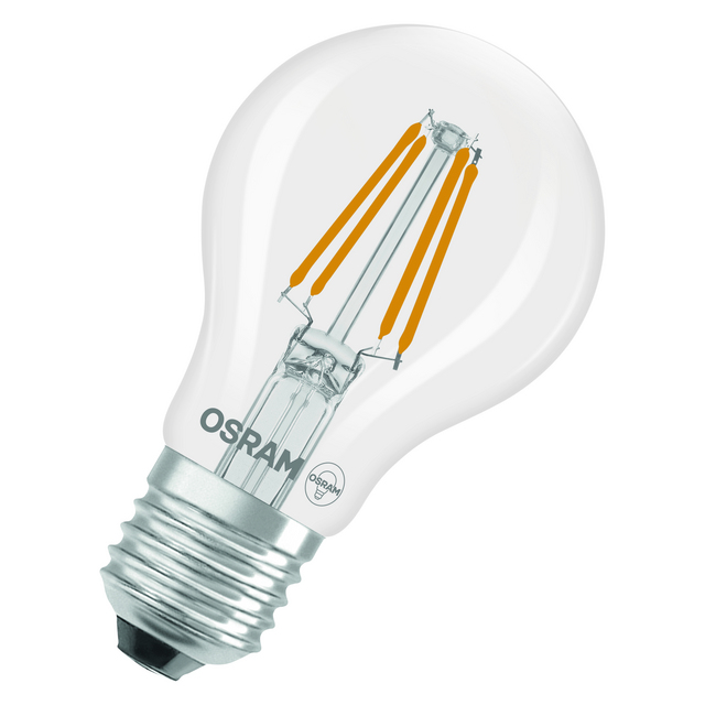 Klar glödlampa med E27-sockel, orange filamentsträngar och märkt med OSRAM på glaset.