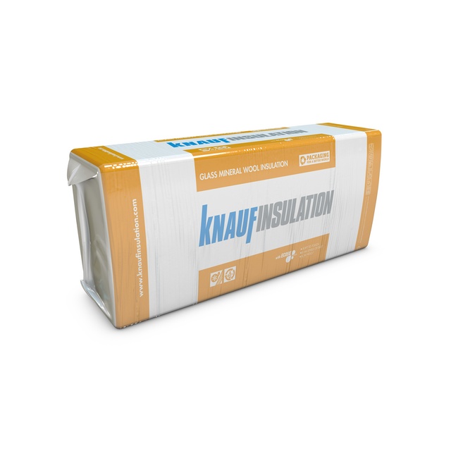 Vit och orange förpackning märkt KNAUF INSULATION och GLASS MINERAL WOOL INSULATION.