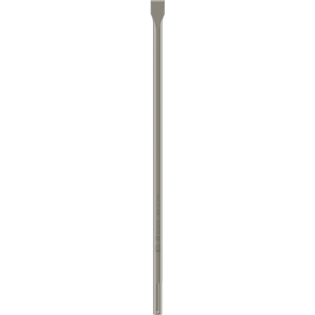 Långt, platt stämjärn med fyrkantig spets och rundat handtag. Grå metallfärg.