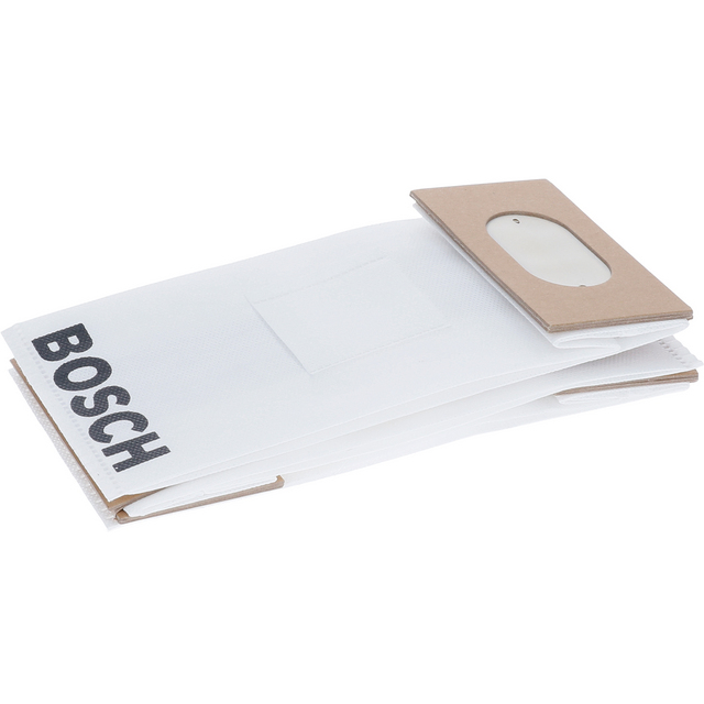 Vitt dammsugarfilter med texten BOSCH i svart och en brun kartongkrage upptill.
