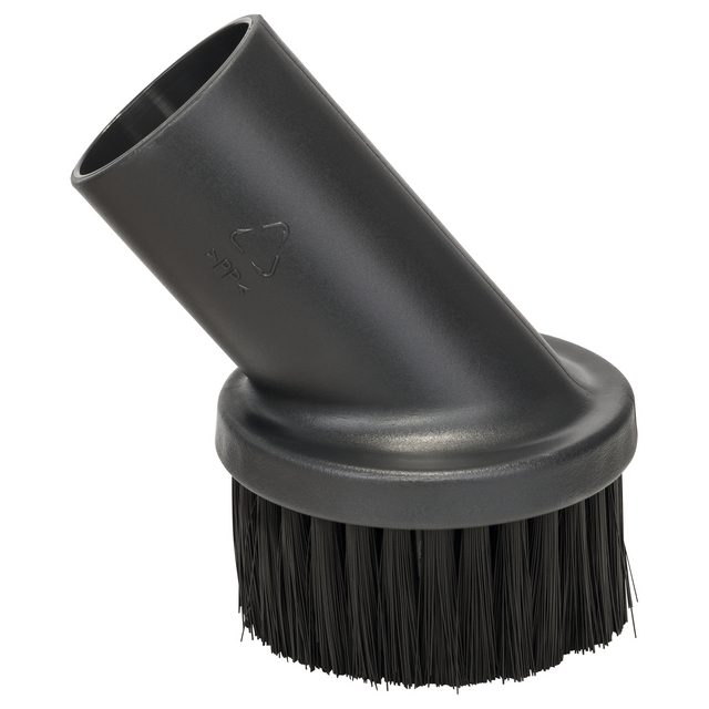 Svart borste för dammsugare med rund borstkant och lutande plaströr. Plastmärkning synlig.