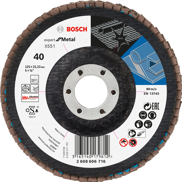 Sliprondell från Bosch, expert för metall. Max 80 m/s, diameter 125 mm, korngrovlek 40.