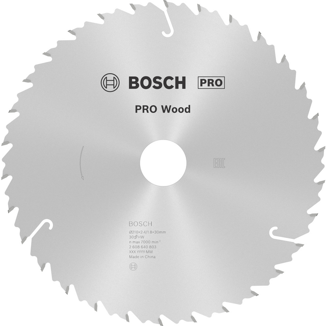 Cirkelsågblad av märket Bosch PRO Wood med text om specifikationer. 48 tänder, diameter 250 mm. Made in China.