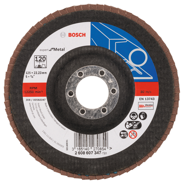 Rund sliprondell från Bosch, 125 mm x 22,23 mm, för metall. Märkt expert Metal och 12250 min⁻¹.