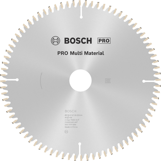 Cirkelklinga från Bosch med 96 tänder, märkt PRO Multi Material och specifikationer inklusive 216 mm diameter.