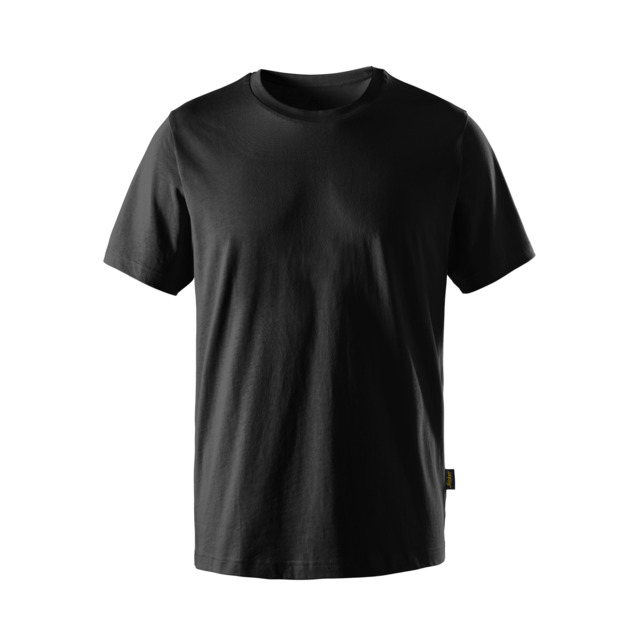 Svart t-shirt med rund halsringning och korta ärmar, etikett synlig vid nederkant.