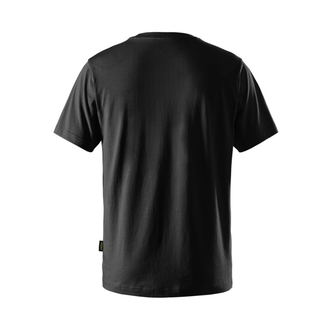 Svart t-shirt sedd bakifrån med rund hals och korta ärmar.