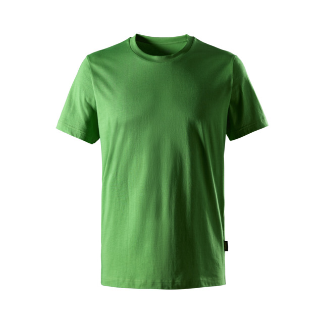 Grön t-shirt med korta ärmar på vit bakgrund.