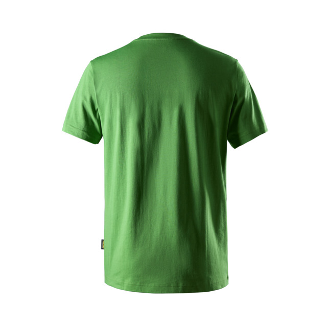 Grön t-shirt, sedd bakifrån, utan tryck eller mönster.