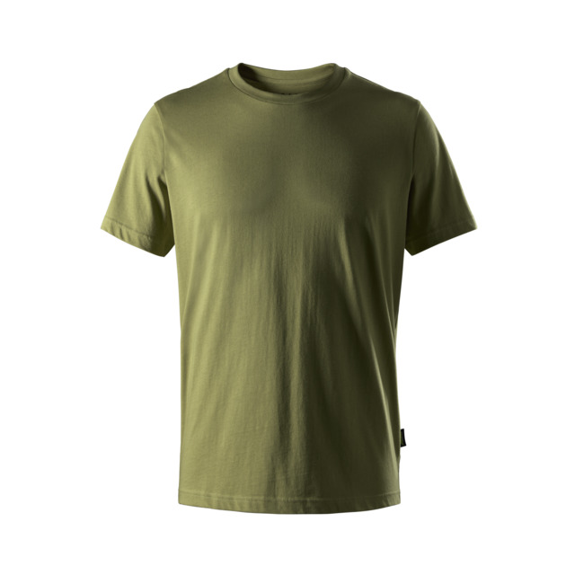 Grön kortärmad t-shirt med rund hals, visas framifrån mot en vit bakgrund.