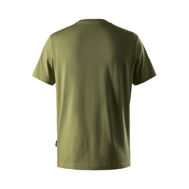 Grön t-shirt sedd bakifrån mot vit bakgrund.