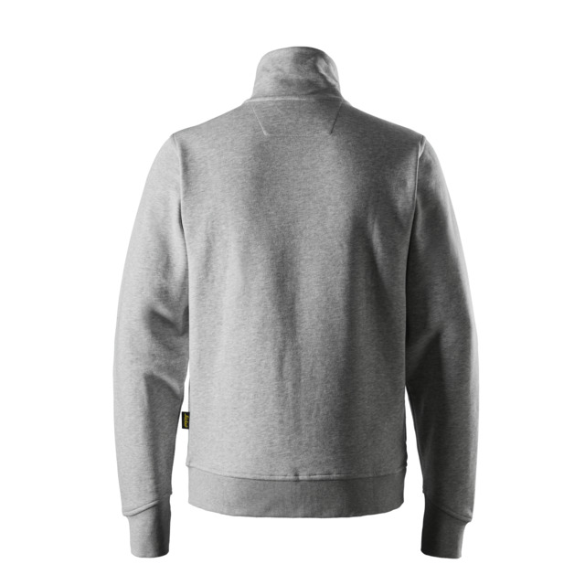 Grå sweatshirt sedd bakifrån, med långa ärmar och hög krage.