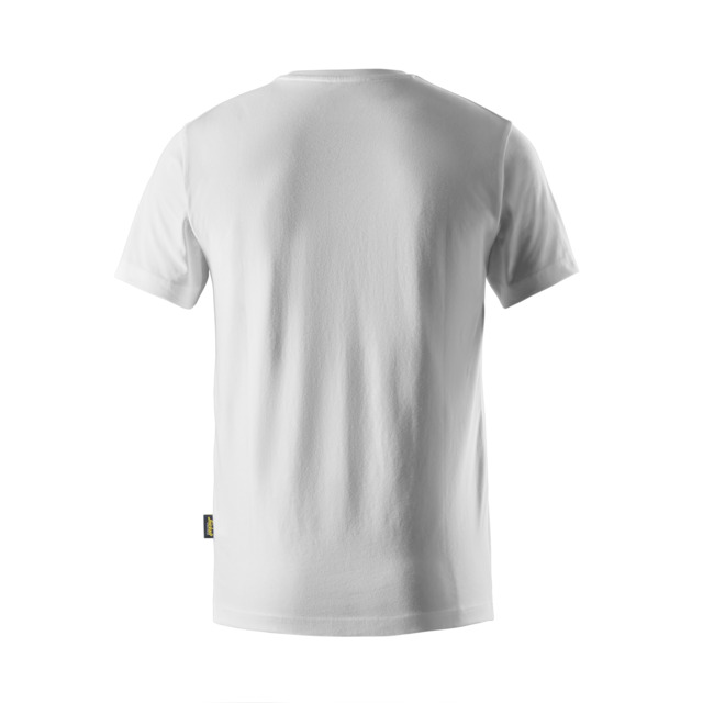 Vit T-shirt sedd bakifrån med en liten etikett längs sidan.