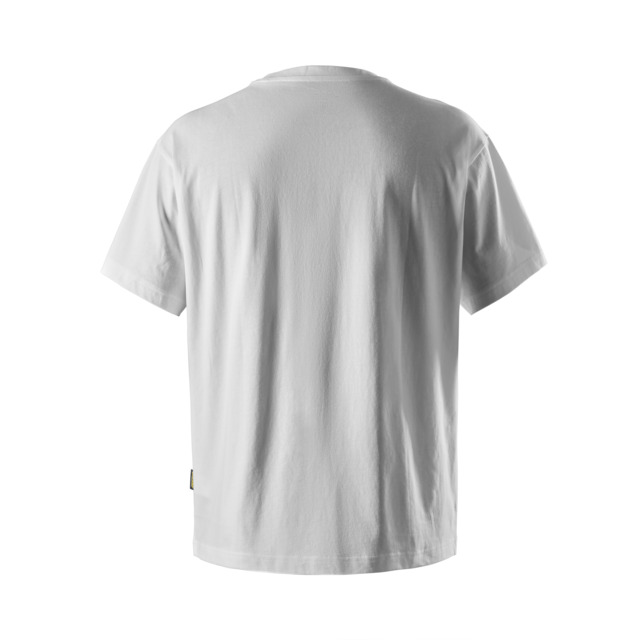 Vit T-shirt som visas bakifrån med korta ärmar och rund hals.
