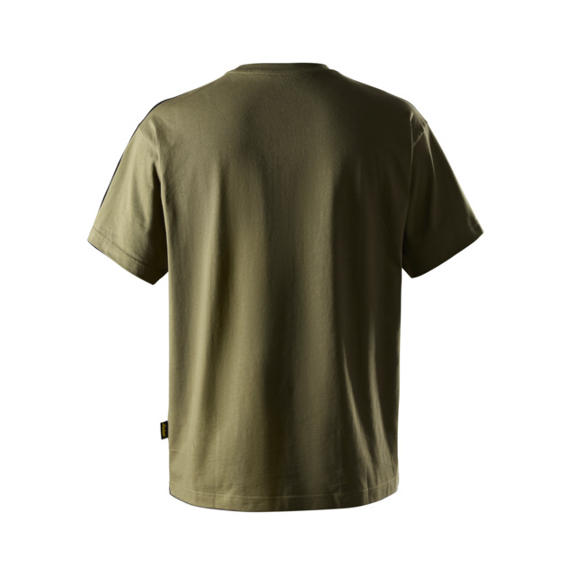 Olivgrön T-shirt sedd bakifrån, med rund hals och korta ärmar.