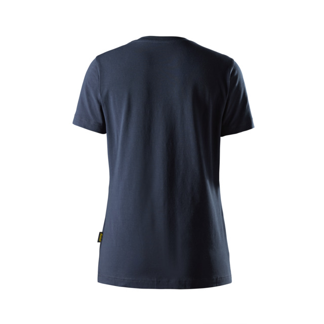 Mörkblå t-shirt sedd bakifrån mot en vit bakgrund.