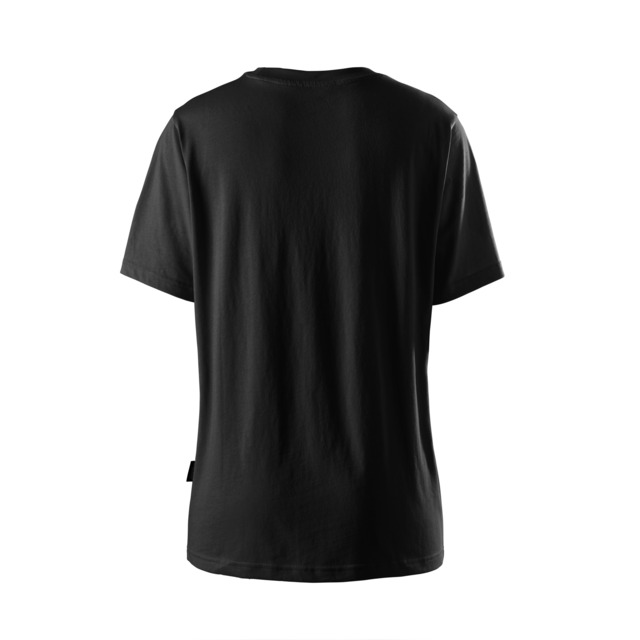 Svart t-shirt sedd bakifrån, kortärmad och enkel design.