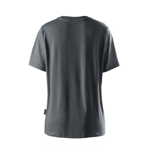 Grå T-shirt sedd bakifrån med en liten etikett på vänster sida nära fållen.