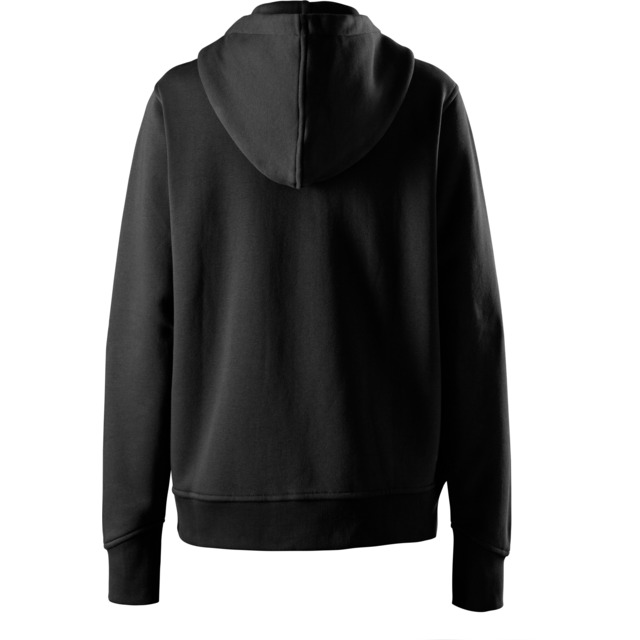 Svart huvtröja sedd bakifrån, med enkel design och långa ärmar.