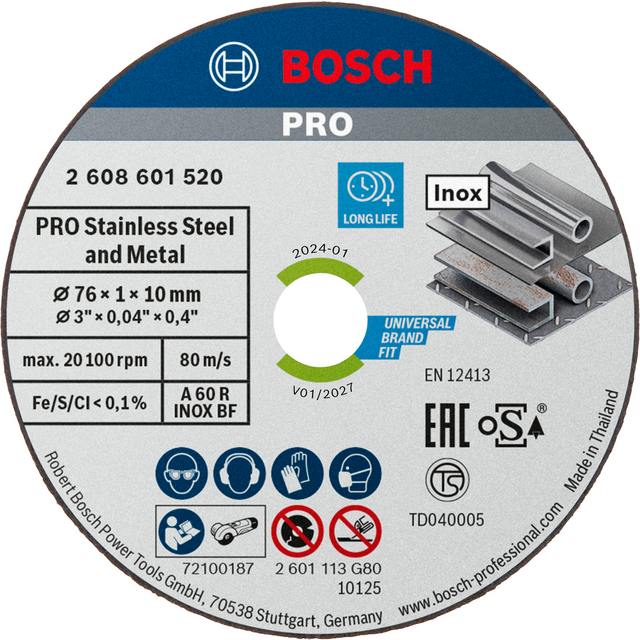 Slipkiva med Bosch Pro-varumärke för rostfritt stål och metall, 76x1x10 mm, max 20,100 rpm, tillverkad i Thailand.