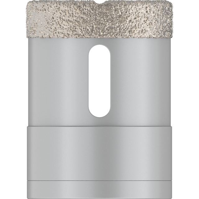 Cylindrisk metallborr med grov textur högst upp och en avlång öppning på sidan.
