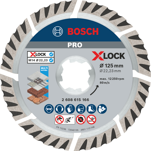 Cirkelformat sågblad från Bosch med texten X-LOCK, Ø125 mm, och andra tekniska specifikationer tryckta.