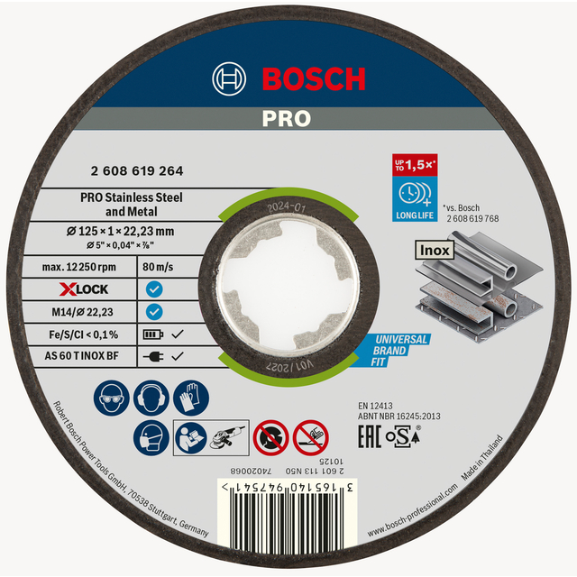 Rund slipskiva med Bosch-logotyp, specifikationer för rostfritt stål och metall, 125 mm diameter.