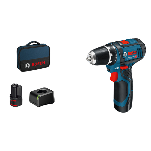 Trådlös Bosch borrmaskin med batteri, laddare och förvaringsväska.