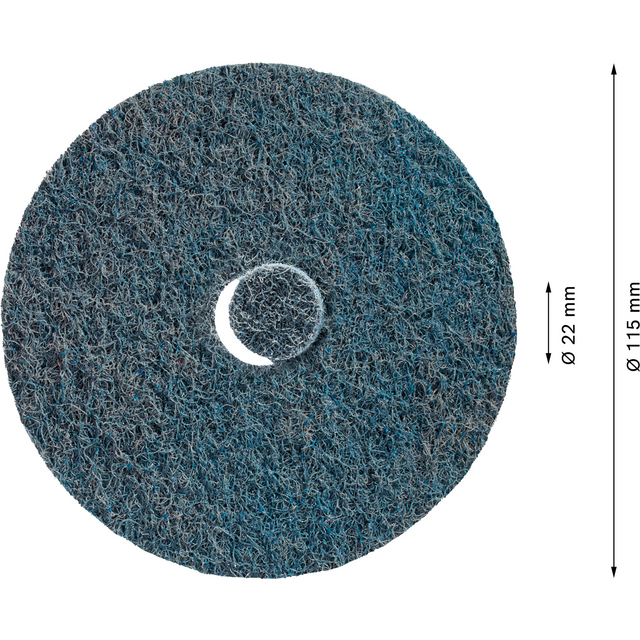 Rund, blå sliprondell med hål i mitten, diameter 115 mm, inre hål 22 mm.