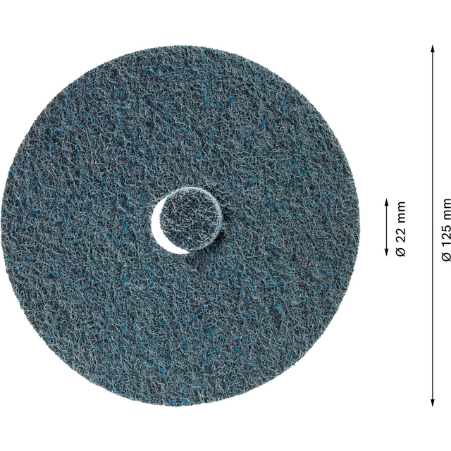 Rund skurboll med centrumhål, blå och grå färgblandning, mått: Ø 125 mm och Ø 22 mm.