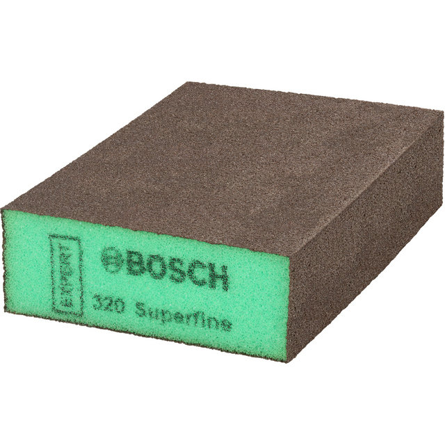 Rektangulärt slipblock med brun slipyta och grön kärna. Text: BOSCH 320 Superfine.