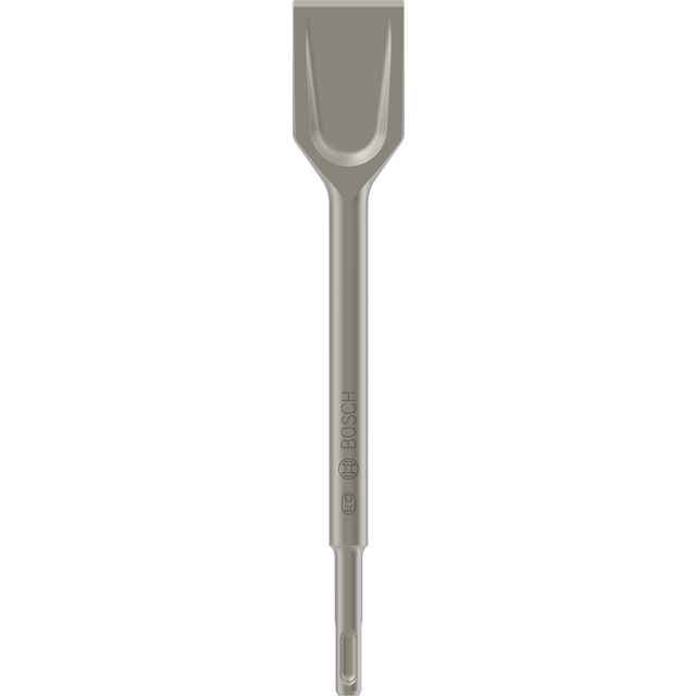 Mejsel med Bosch-logotyp, silverfärgad, flat spets och rund skaft.