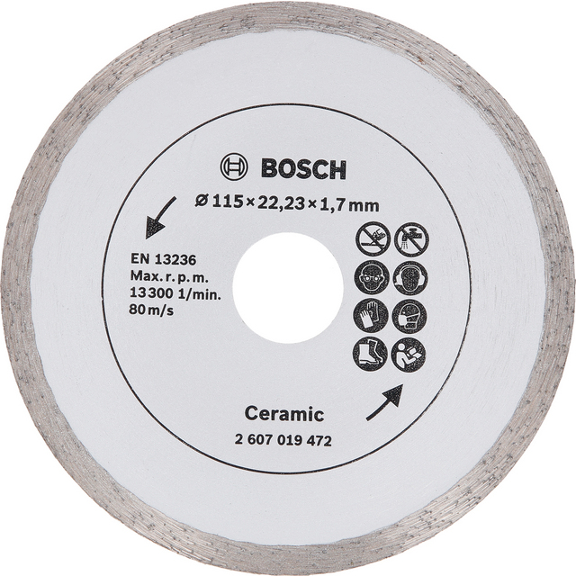 Rund Bosch keramisk kapskiva med specifikationer och säkerhetspiktogram. Diameter: 115 mm.