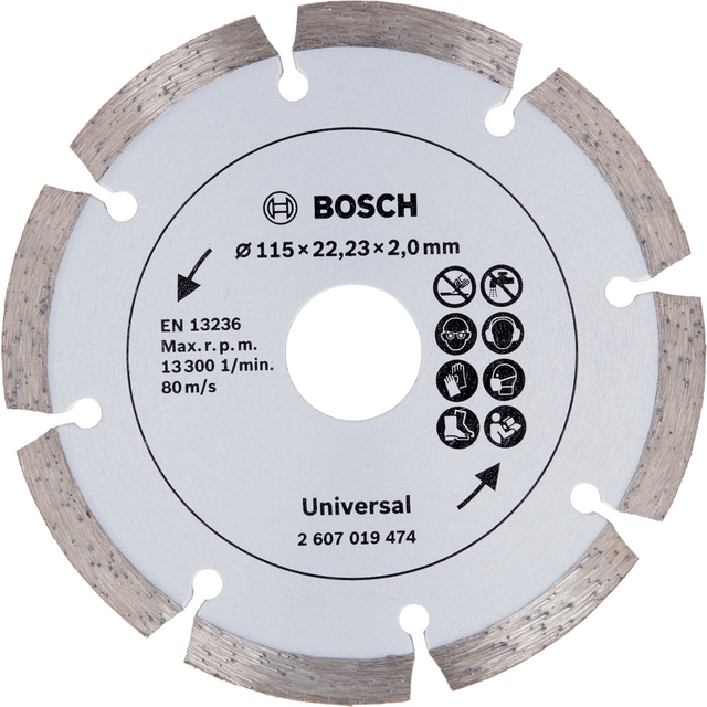Rund sågklinga med text och symboler, Bosch logotyp, mått 115 x 22,23 x 2,0 mm, max 13 300 varv/min.